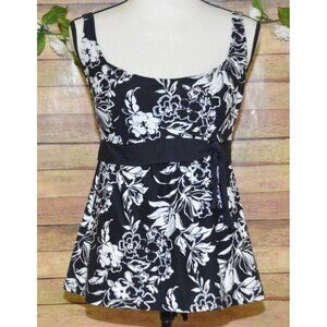 Beach House Ladies Black & White Tankini Bathing Suit Top Floral Tie Size 10